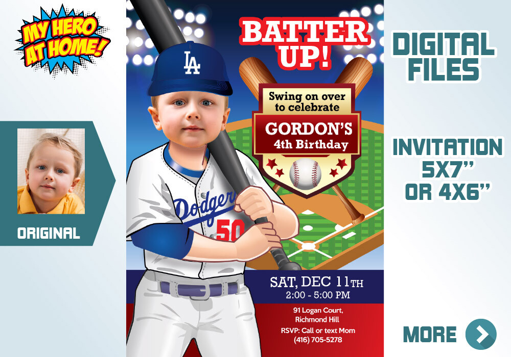 Dodgers photo invitation, LA Dodgers Party Invitation, Dodgers theme party, Dodgers Thank you, Dodgers favor tags. 609C