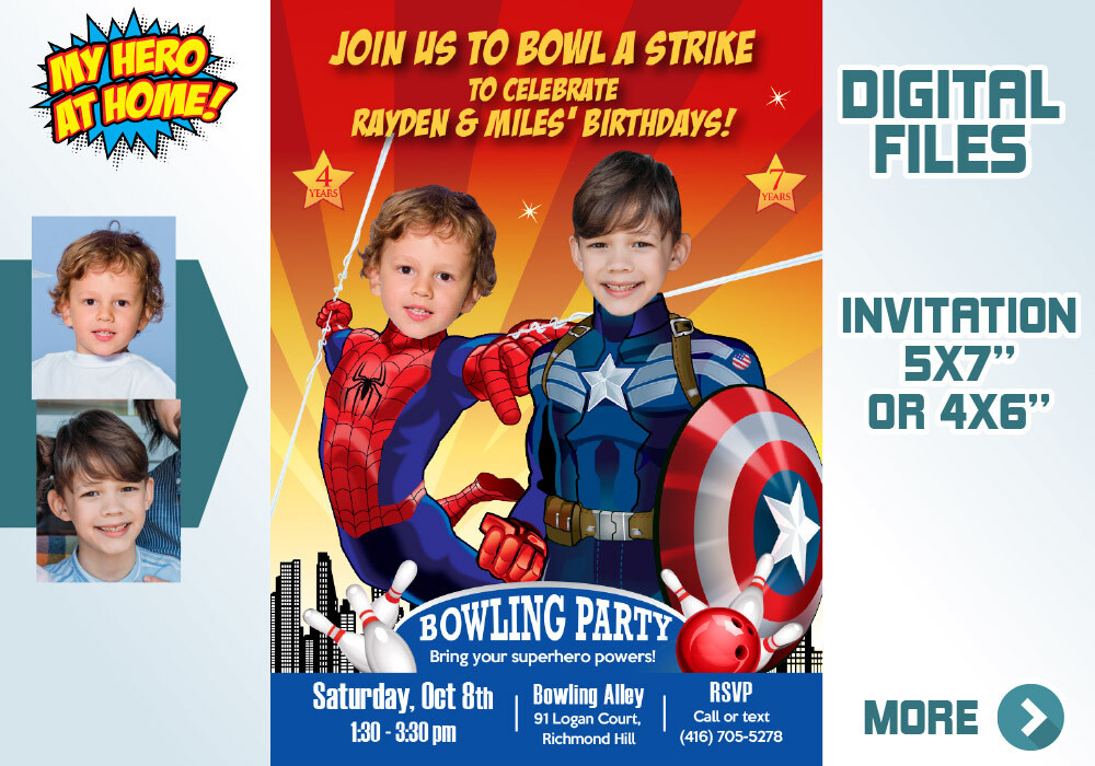 Spiderman and Captain America Bowling Party Invitation, Joint Superheroes Bowling Party, Superheroes siblings bowling party invitation. 613