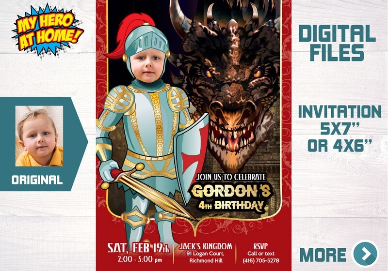 Knights Birthday Invitation with photo of your kid, Dragons Party Invitation, Medieval Party, Kids Medieval Digital Invitation, Dragons favor tags. 612C