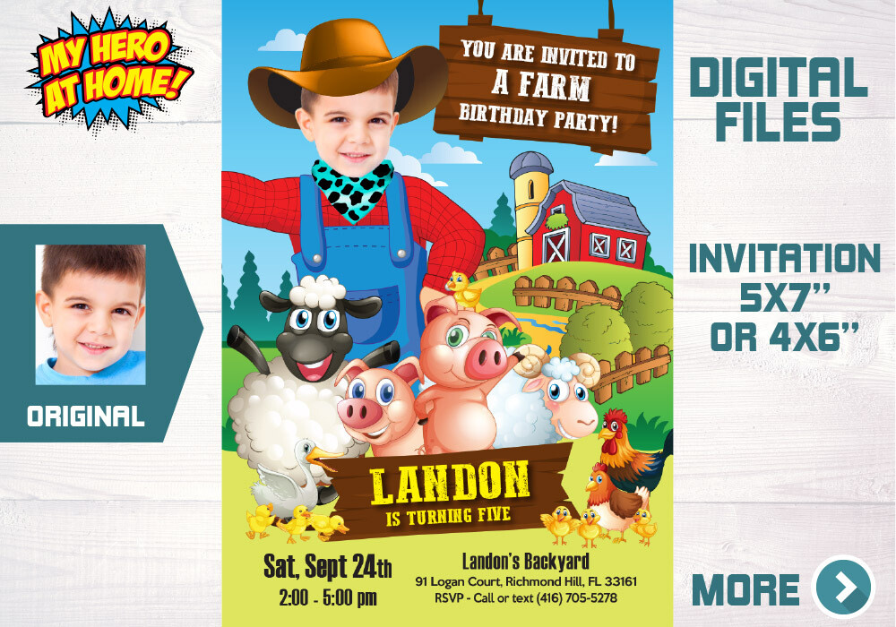 Farm Photo Invitation, Farm digital Invitation, Farm Birthday Invitation, Barn Animals Party Invite, Boys Farm Invite, Barn Invitation. 605C