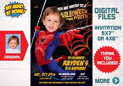 Spider-man Halloween Invitation, Halloween Spiderman Invitation, Spider Halloween party favors, Spiderman photo invitation. 104B