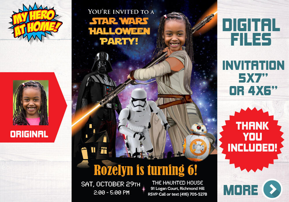 Jedi Rey Halloween Party Invitation, Halloween Jedi Rey Party, Halloween Jedi Rey themed party, Girl Star Wars Halloween. 033B