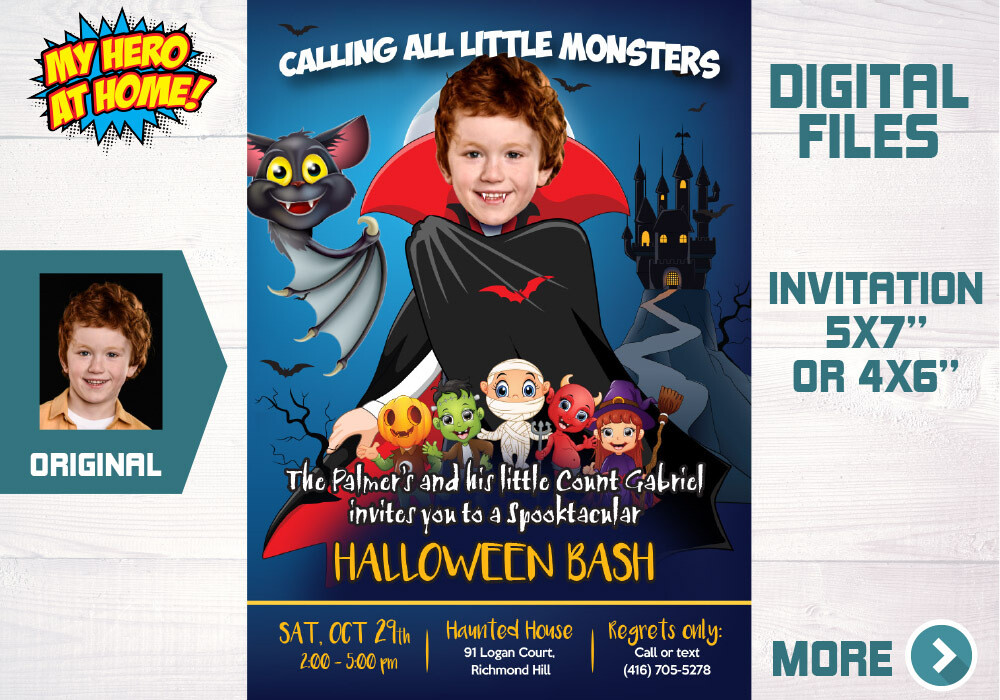 Dracula Halloween Invitation, Monsters Halloween invitation, Dracula photo invitation, Monsters Halloween party. 315B
