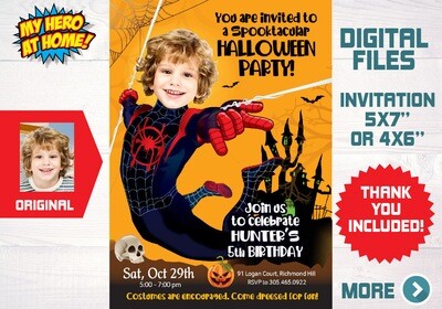 Halloween Miles Morales Invitation, Miles Morales Halloween Ideas, Miles Morales Halloween party favors, Multiverse Halloween. 466AB