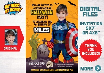 Halloween Captain America Party, Halloween Captain America invitation, Captain America photo Invitation, Captain America party favors. 466FB