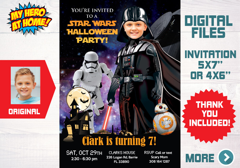 Halloween Darth Vader Invitation, Halloween Darth Vader party, Darth Vader Halloween party, Darth Vader photo invitation. 009HB