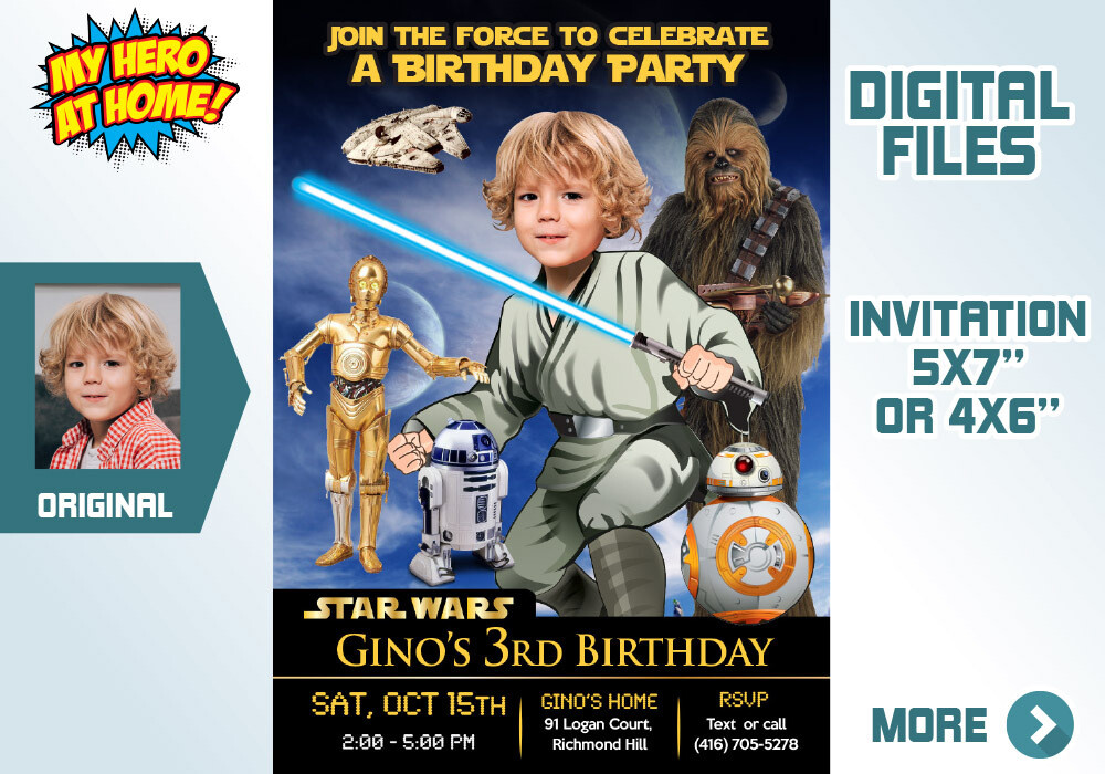 Jedi Birthday Invitation, Jedi photo invitation, Star Wars photo invitation, Jedi Digital, BB-8, R2-D2, C-3PO & Chewbacca Party. 023