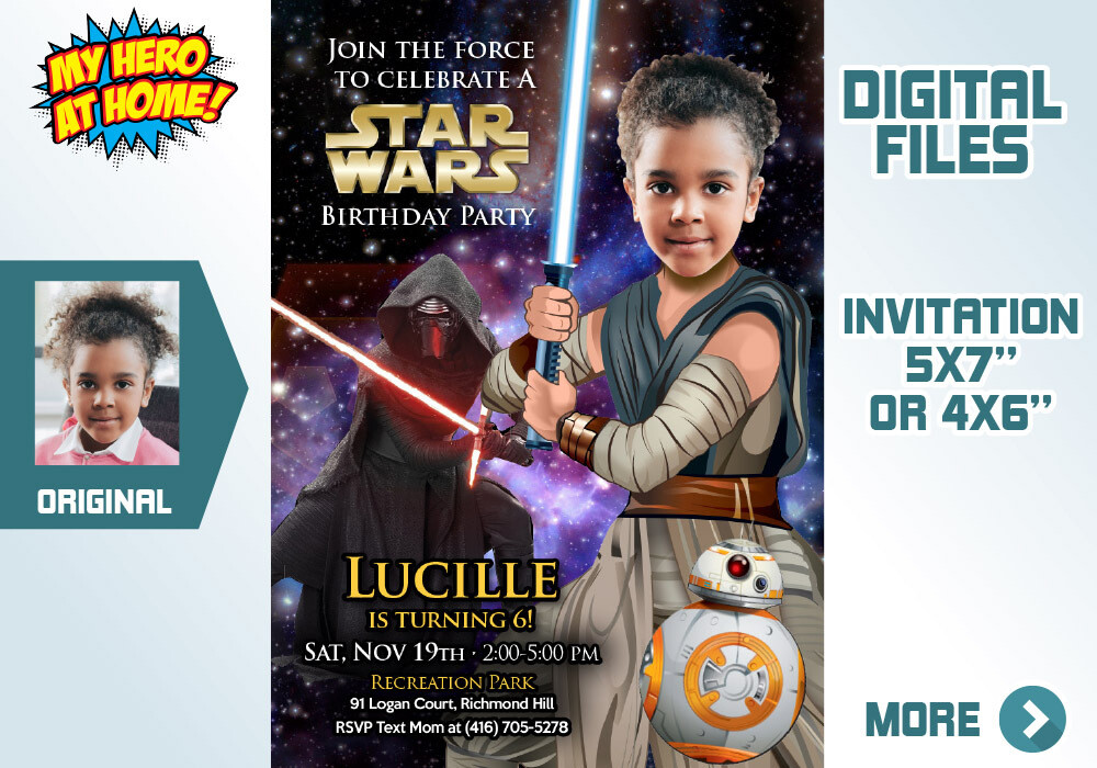 Jedi Rey photo invitation, Jedi Rey Invitation, Girly Star Wars Party Ideas, Jedi Rey theme party. 038