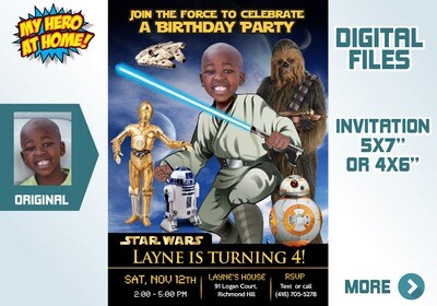 Jedi Birthday Invitation, Jedi photo invitation, Star Wars photo invitation, Jedi Digital, BB-8, R2-D2, C-3PO & Chewbacca Party. 023