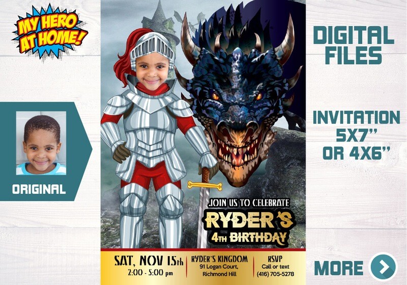 Custom Knight and Dragons Birthday Invitation with Your Child as the Hero in silver Armor, Kids House of Dragons party template, House of Dragons theme party. 614