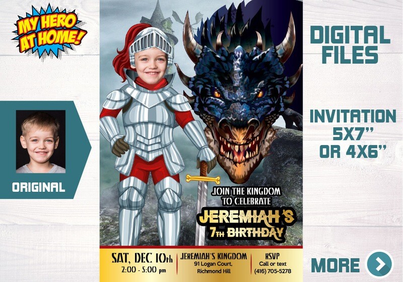 Custom Knights Photo Invitation, Dragons birthday Invitation, Dragons Thank You, Medieval birthday Invitation, Knights favor tags. 614C