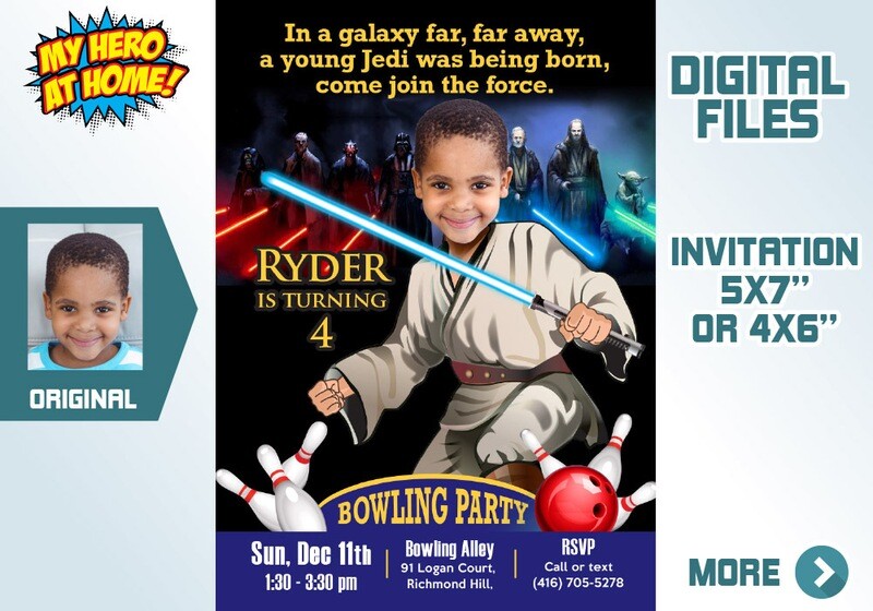 Custom Star Wars Bowling Invitation, Star Wars Bowling Party, Jedi photo Invitation, Jedi Bowling Birthday invitation, Jedi Favor tags. 224C