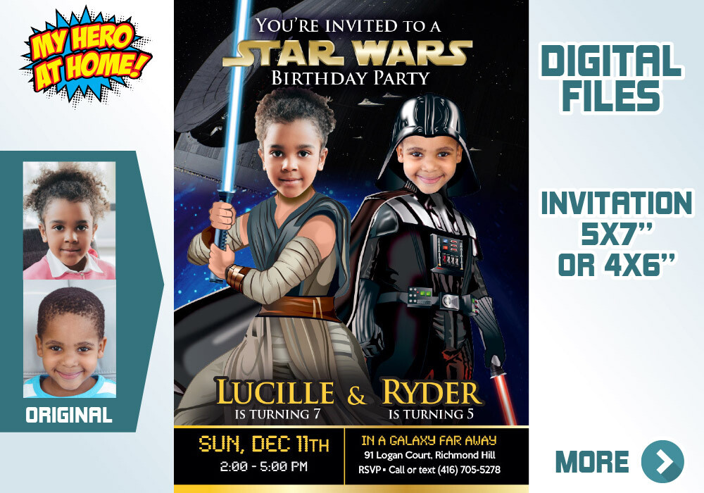 Custom Darth Vader and Jedi Rey birthday invitation, Joint Star Wars Invitation, Star Wars Siblings template Invitation, Joint Star Wars favors. 040C