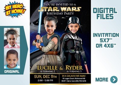 Custom Darth Vader and Jedi Rey birthday invitation, Joint Star Wars Invitation, Star Wars Siblings template Invitation, Joint Star Wars favors. 040C