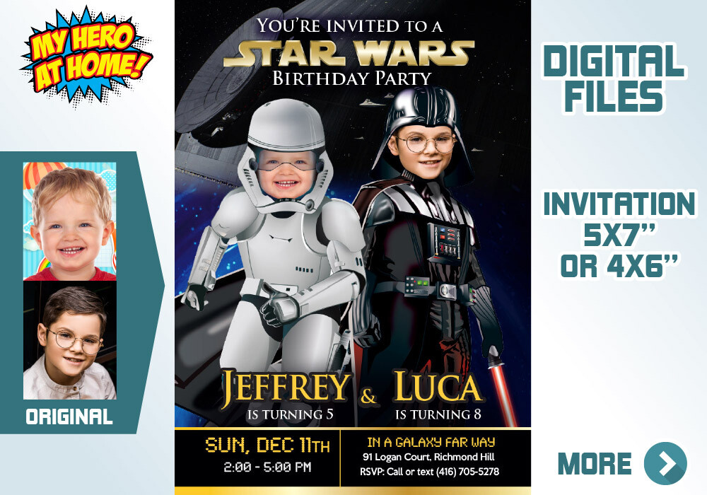 Custom Darth Vader Stormtrooper Party Invitation, Star Wars Siblings Birthday, Joint Star Wars Dark Side party, Joint dark side. 037C
