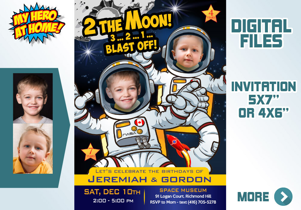 Joint Astronauts Invitation, Outer Space Party, Astronauts Siblings Birthday, Joint Astronauts photos Invitation, Astronaut theme party. 389
