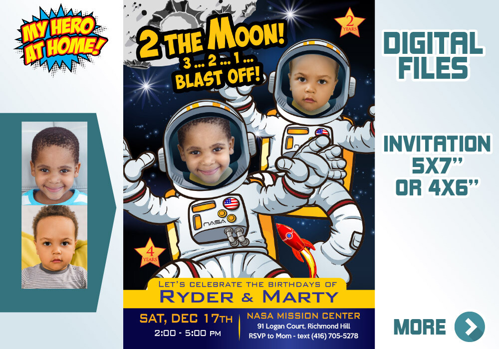 Astronauts Siblings photos invitation, Joint Astronauts thank you, Joint Astronauts Party Invitation, Astronaut themed birthday. 389C