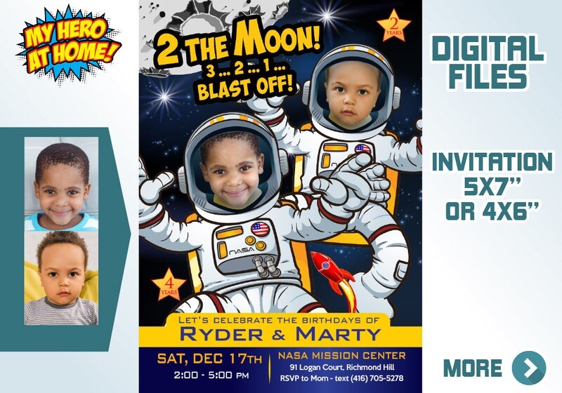 Astronauts Siblings photos invitation, Joint Astronauts thank you, Joint Astronauts Party Invitation, Astronaut themed birthday. 389C
