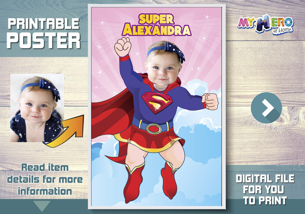 Baby Supergirl Photo Poster, Baby Supergirl gift with photo, Baby Super girl Room Decor, Baby Super girl Decoration. 397