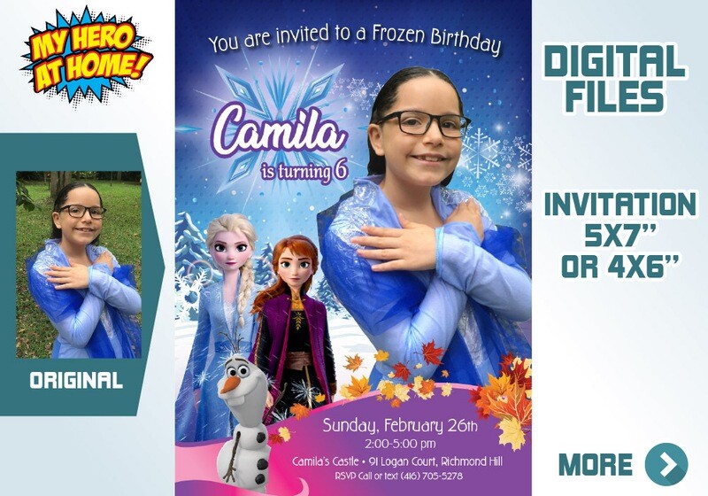 Custom Frozen Invitation. Frozen Invitation with photo. Invitation with Elsa costume. Elsa Frozen photo invitation. Frozen favor tags. 409C