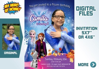 Custom Frozen Invitation. Frozen Invitation with photo. Invitation with Elsa costume. Elsa Frozen photo invitation. Frozen favor tags. 409C