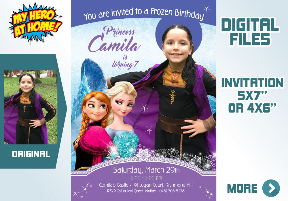 Custom Frozen Invitation. Frozen Invitation with photo. Invitation with Anna costume. Anna Frozen photo invitation. Frozen favor tags. 269C