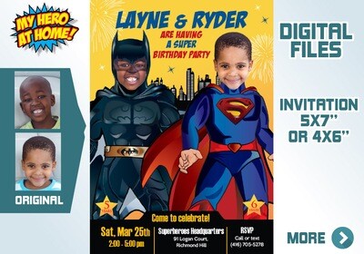 Superman and Batman Invitation, Joint Batman and Superman Party invitation, Superman Batman Party Ideas. 070