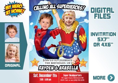 Wonder Woman and Spider-Man Invitation. Wonder girl and Spider-Man Siblings Invitation. Wonder girl and Spiderman Party. 634