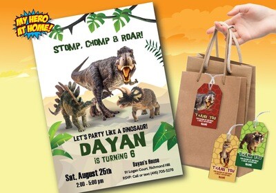 Dinosaurs Invitation, T-Rex Invitation, Stegosaurus Invitation, Triceratops Invitation, Dinosaurs favor tags. 1042