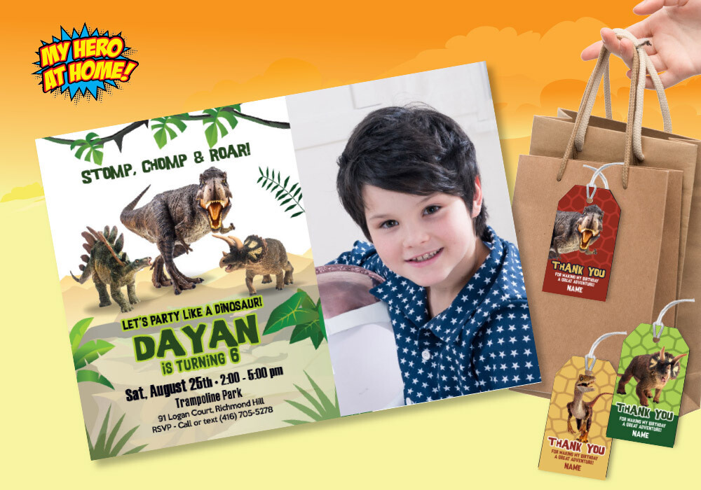 Dinosaurs Invitation with photo, Dinosaurs Photo Invitation, Tyrannosaurs Invitation, Tyrannosaurs favor tags. 1042H