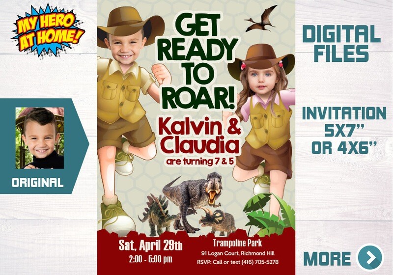Joint Dinosaurs Invitation with photos, Dinosaurs Siblings Birthday, Joint Dinosaurs Party, Joint Dinosaurs Digital Invitation. 639