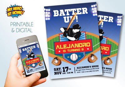 Batter Up Invitation, Baseball theme party, Baseball tags, Baseball digital invitation. 1048