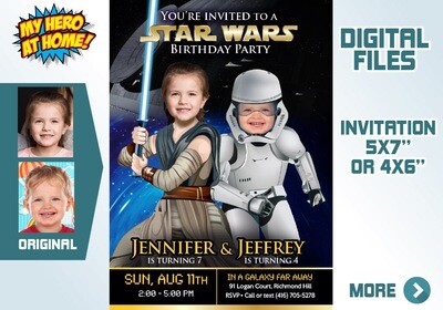 Custom Stormtrooper and Jedi Rey birthday invitation, Joint Stormtrooper Jedi Rey Invitation, Star Wars Siblings Invitation, Joint Star Wars thank you. 644
