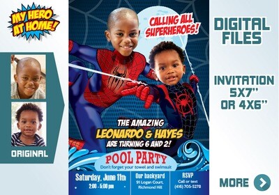 Spider-Man Siblings Pool Party Invitation, Peter Parker Miles Morales Pool Party, Joint Spiderman Pool Party Invitation. 645