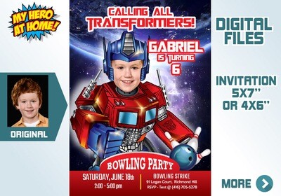 Optimus Prime Bowling Party Invitation, Autobots Bowling party Invitation, Optimus Prime theme Bowling party. 642