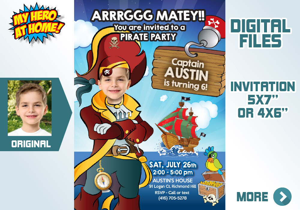 Pirate party Invitation with photo of your kid, Custom Pirates Party Invitation, Pirates thank you with photo, Personalized Pirates theme party. 231