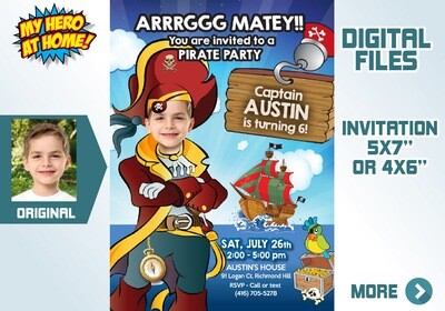 Pirate party Invitation with photo, Custom Pirates Party Invitation, Pirates thank you with photo, Personalized Pirates theme party. 231