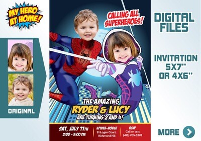 Joint Spider-man and Spider Ghost Invitation, Gwen Stacy and Spider-man Invitation, Amazing friends Invitation with photos. 650