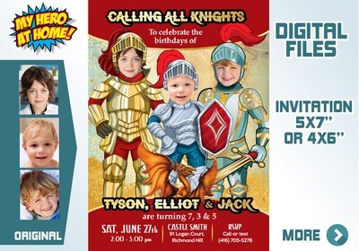 3 siblings Knights party Invitation, Joint Dragons Birthday, Knights Siblings Birthday, 3 kids Knights invitation, Knights theme party. 654