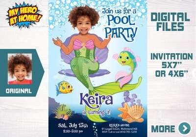 Little Mermaid Pool party Invitation with photo, Mermaid photo invitation, Invitacion de Sirenita Pool Party, Personalized Mermaid pool party. 656