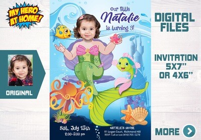 Mermaid Invitation with photo, Little Mermaid photo template, Invitacion Sirenita con foto, Personalized Mermaid template. 238B