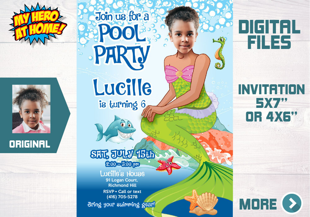 Personalized Mermaid pool party, Mermaid Pool party photo Invitation, Little Mermaid invitation, Invitacion Pool Party de Sirenita. 657