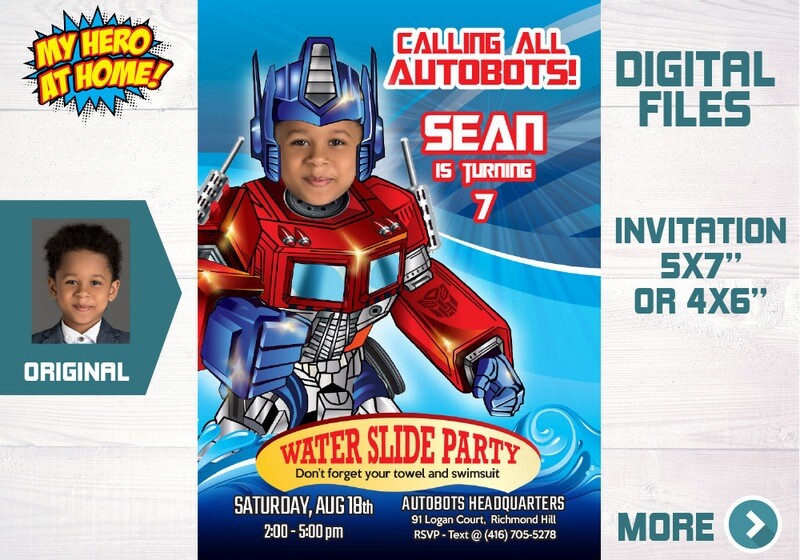 Autobots Pool party Invitation, Optimus Prime Water Slide Party Invitation, Autobots Splash party Invitation, Autobots theme pool party. 669
