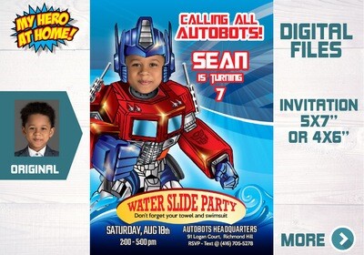 Autobots Pool party Invitation, Optimus Prime Water Slide Party Invitation, Autobots Splash party Invitation, Autobots theme pool party. 669