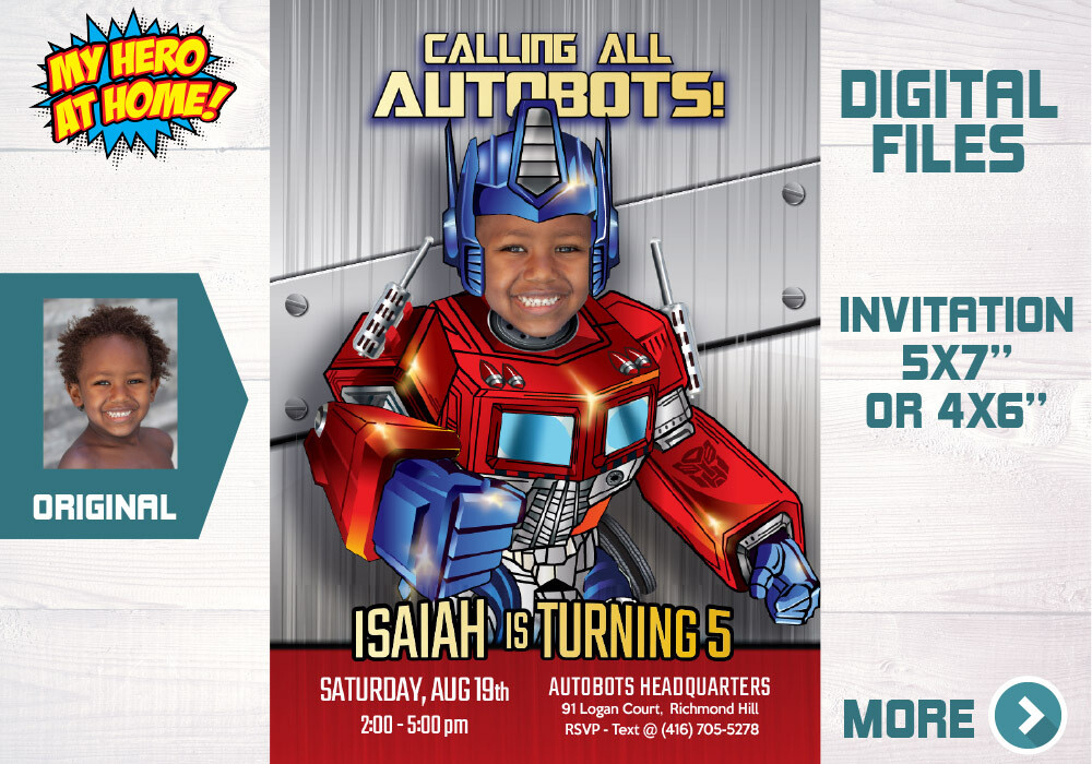 Optimus Prime Invitation with photo, Autobots template invitation, Transformers Invitation template. 670