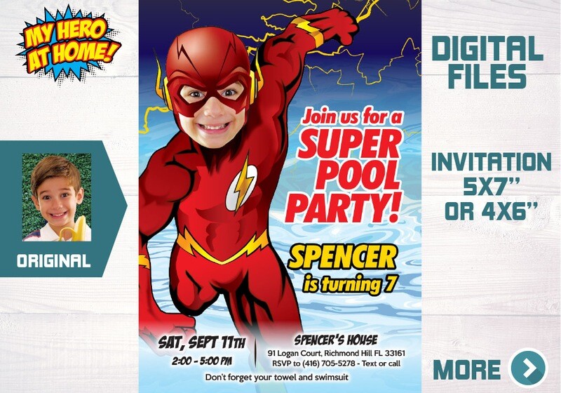Flash Pool Party Invitation, Flash Water slide invitation, Flash Splash Party invitation, Flash favor tags. 672