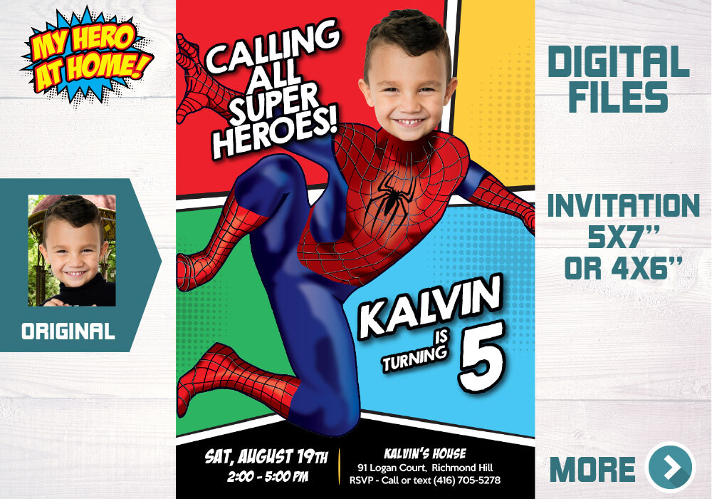 Spiderman Invitation template, Spiderman Party Invitation with photo, Spiderman template invitation, Spiderman Favor tags. 676