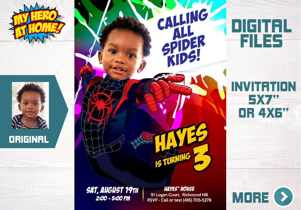 Miles Morales Invitation template, Miles Morales Party Invitation with photo, Spider-Verse template invitation, Spider-Verse Favor tags. 677