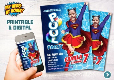 Supergirl Pool Party Invitation, Supergirl Birthday Invitation, Supergirl photo invitation, Supergirl thank you, Supergirl party favors. 684