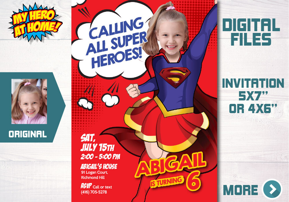 Supergirl photo invitation, Supergirl template, Supergirl favor tags, Supergirl Party Invitation, Supergirl Birthday Invitation. 685